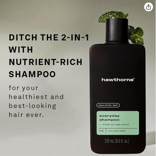 Hawthorne Men's Everyday Shampoo. For Stronger, Healthier Hair with Pure Avocado Oil and Coconut Oil. Mint and Eucalyptus Scent. Natural, Sulfate Free, Paraben Free. 8 fl. oz. 2-Pack.
