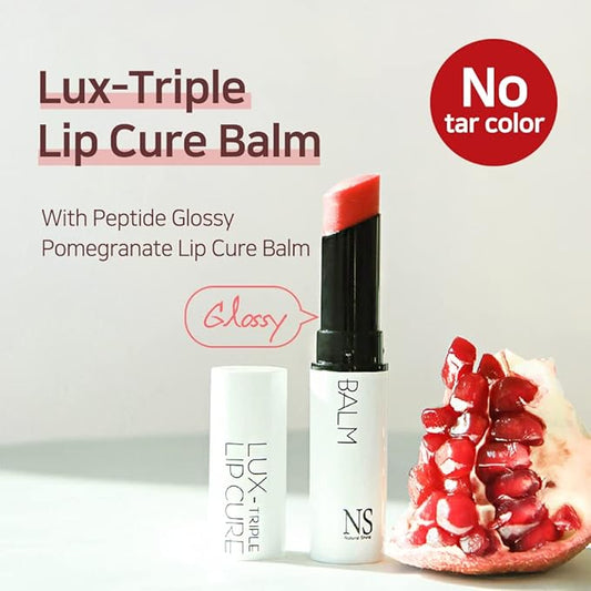 NATURAL SHINE NS BEAUTY Lux Triple Lip CURE Glossy Balm HERA (Pink Red) | Chapstick Hydration and Exfoliator | Overnight Lip Treatment Care Deep Nourishing for Dry Cracked Chapped Lips (0.17oz)