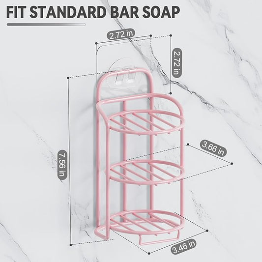 Pink 3-Tier Shower Soap Shampoo Bar Holder, Self Adhesive & Freestanding Draining Soap Dish Caddy for Bathroom Wall Accesories Decor