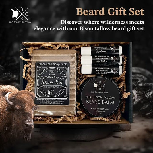 Pure Bison Tallow Beard Gift Set - Shave Bar, Beard Balm, Unscented Lip Balm - Conditions, Strengthens, Moisturizes, Soothes, Softens, Naturally Derived, No Dyes, Naturally Derived