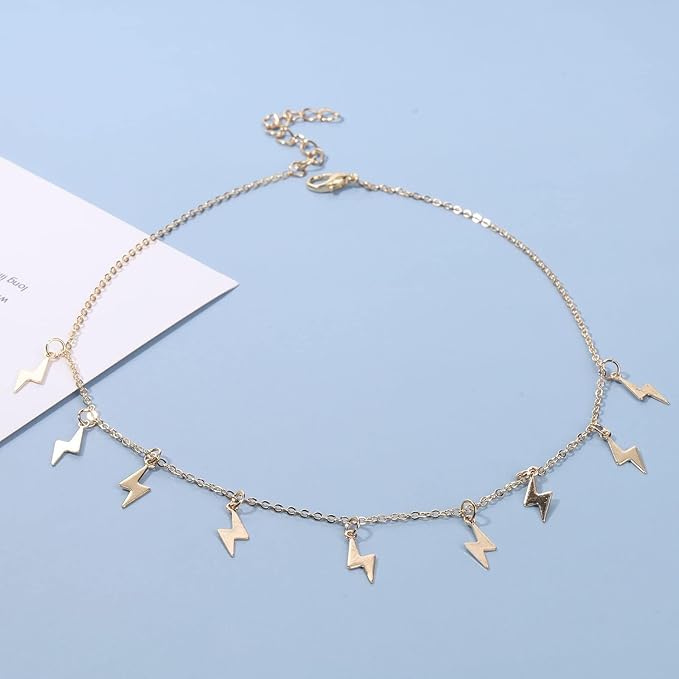 Boho Lighting Bolt Choker Necklace Gold Dangle Thunder Necklace Minimalist Collar Chain Necklace Weather Necklace Jewelry for Women and Girls