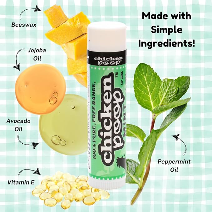 Chicken Poop Lip Balm Simone Chickenbone 100% Natural Moisturizer for Dry, Chapped Lips, Combo (Original, Mint, Outdoors with SPF 30, Coconut), 4 Pack