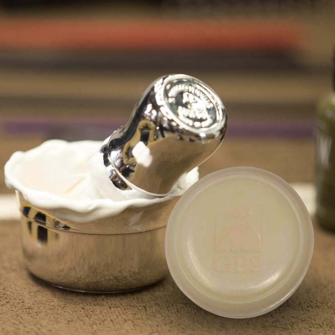 G.B.S Men's Shaving Soap 97% All Natural Enriched With Shea Butter and Glycerin, Creates Rich Lather Form, 3 Oz Each Pack of 2 (1 Sandalwood Round Shaving Soap, 1 Bay Rum Shaving Soap)