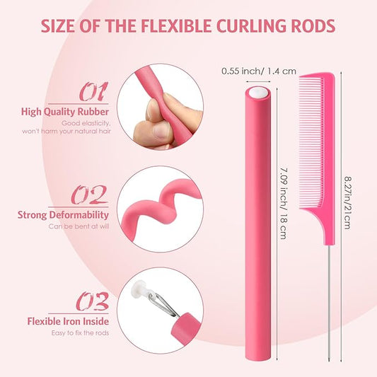Syhood 30 Pcs 7'' Flexible Curling Rods Twist Foam Hair Rollers Soft Foam No Heat Hair Rods Rollers and 1 Steel Pintail Comb Rat Tail Comb for Women Long Short Hair(Pink,7 x 0.55 Inch)