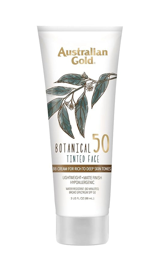 Australian Gold Botanical SPF 50 Tinted Sunscreen for Face, Non-Chemical BB Cream & Mineral Sunscreen,Water-Resistant,Matte Finish,For Sensitive Facial Skin,Rich to Deep Skin Tones, 3 FL Oz, Rich-Deep