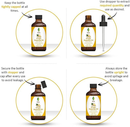 SVA Ginger Essential Oil – 4 Fl Oz – 100% Natural Ginger Oil - for Diffuser, Hair Care, Face, Skin Care, Aromatherapy, Scalp and Body Massage, Soap and Candle Making – with Dropper