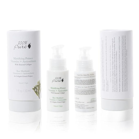 100% PURE Mattifying Face Primer Plumping Makeup Base & Moisturizer with Anti-Aging Seaweed Collagen - Long-Lasting Matte Pore Diminishing Cosmetics Prep, Flawless Smooth Skin Hydration - 1 oz