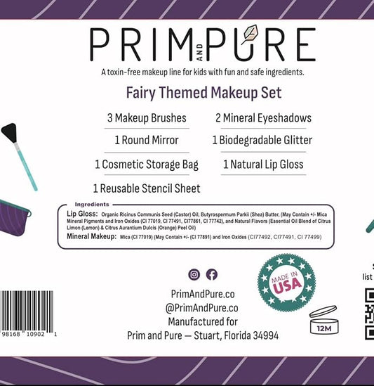 Prim and Pure Kids Makeup Gift Set - Stencil, Makeup Eyeshadow Bioglitter Lip Gloss and Cosmetic Bag Mirror Makeup Brush Accessories (Fairy Purple)