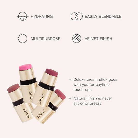 Jouer Blush & Bloom Cheek + Lipstick, Bare Rose - Hydrating Cream Blush Stick for Cheek and Lip Tint - Moisturizing Rose Hip and Squalane Oil Formula