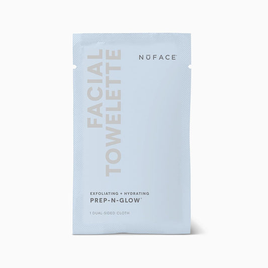 NuFACE Prep-N-Glow Facial Towelettes - 2-in-1 Exfoliating + Cleansing Makeup Remover Wipes, Hyaluronic Acid Travel Face Wipes to Hydrate & Brighten for Glowing Skin - 5 Individually Wrapped Cloths