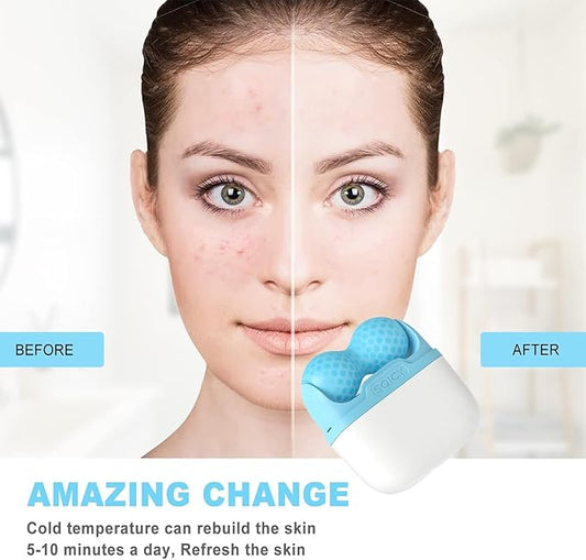 Ice Roller for Face and Eyes - Facial Skin Care Tools with 2 in 1 Face Roller and Travel Case, Self Care Gift for Men Women (Blue)