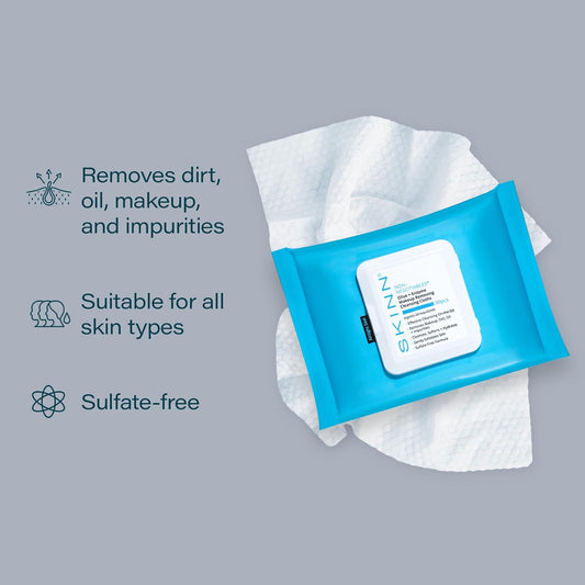 SKINN Facial Cleansing Makeup Remover Wipes - Hydrating Makeup Removing Cloths for Waterproof Mascara, Makeup, Oil, & Dirt - Disposable Face Towelettes that Gently Exfoliates, Cleanses, & Softens Skin