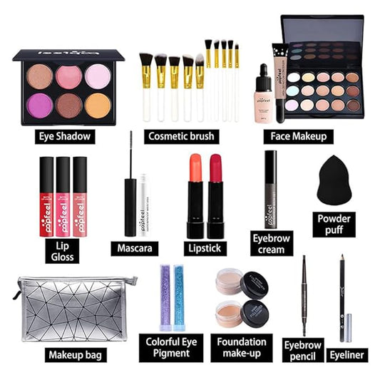 Multipurpose All in One Makeup Kit Full Kit with Eyeshadow Palette Lipstick Blush Powder Foundation Concealer Lip Gloss Mascara makeup kit for women