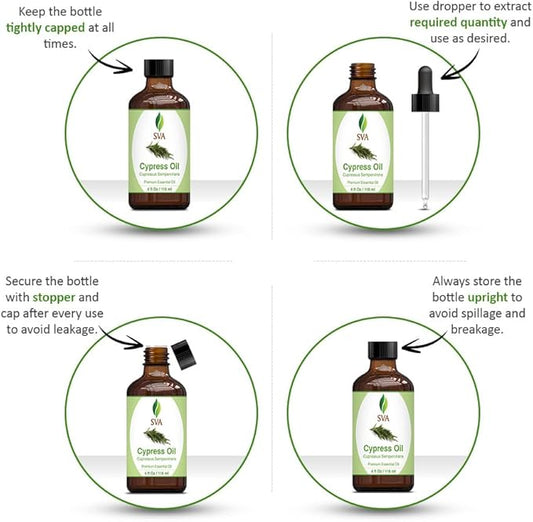 SVA Cypress Essential Oil – 4 Fl Oz – 100% Natural Cypress Oil - for Diffuser, Hair Care, Face, Skin Care, Aromatherapy, Scalp and Body Massage, Soap and Candle Making – with Dropper