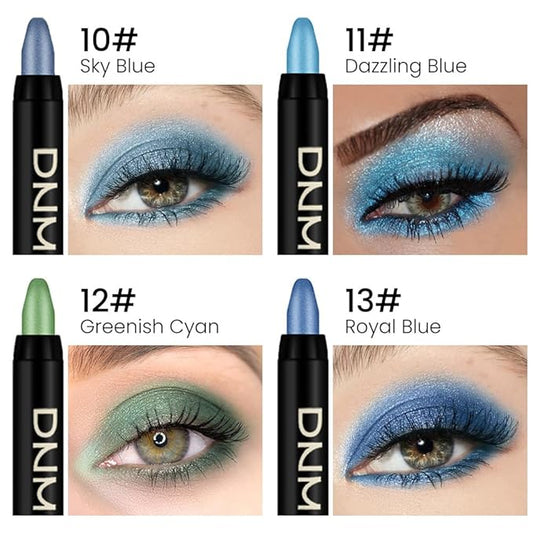 Kaely 4Pcs Metallic Shimmer Eye Shadow Sticks Set, Sky Blue Dazzling Blue Greenish Cyan Royal Blue, Eyeliner Pencil Eyeshadow Palette Halloween Makeup, Eye Highlighter Brightener Stick for Women