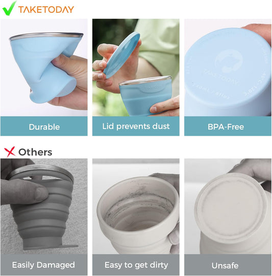 TakeToday Collapsible Travel Cup - Silicone Foldable Water Cup, BPA-Free with Lid & Waterproof Bag - Drinking Cup Set for Office, Camping & International Travel(8 Oz, Blue)