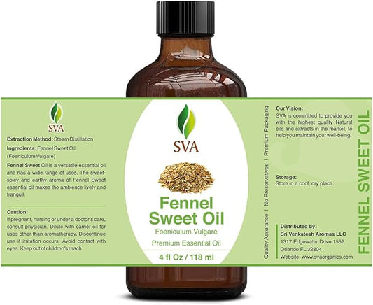 SVA Sweet Fennel Essential Oil – 4 Fl Oz – 100% Natural Fennel Oil - for Diffuser, Hair Care, Face, Skin Care, Aromatherapy, Scalp and Body Massage, Soap and Candle Making – with Dropper