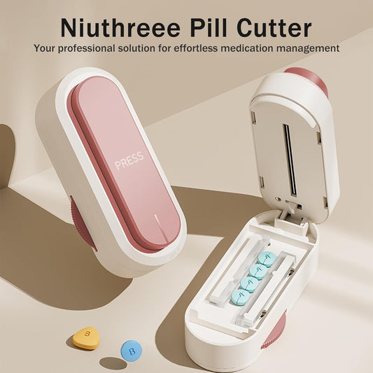 Multiple Pill Cutter - Pill Cutter Splitter for Small Tiny Large Pills Professional | Vertical Press-Down Cutting & Adjustable | Sturdy Blade & Guard | Includes Cleaning Brush (Pink)