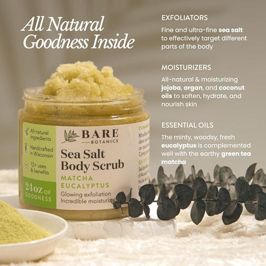 Bare Botanics Matcha Eucalyptus Body Scrub 24 oz - Naturally Scented Sea Salt Scrub Made in Madison, WI - Formulated w/Skin Loving Moisturizers - Vegan, Cruelty Free Exfoliator w/a Cute Wooden Spoon