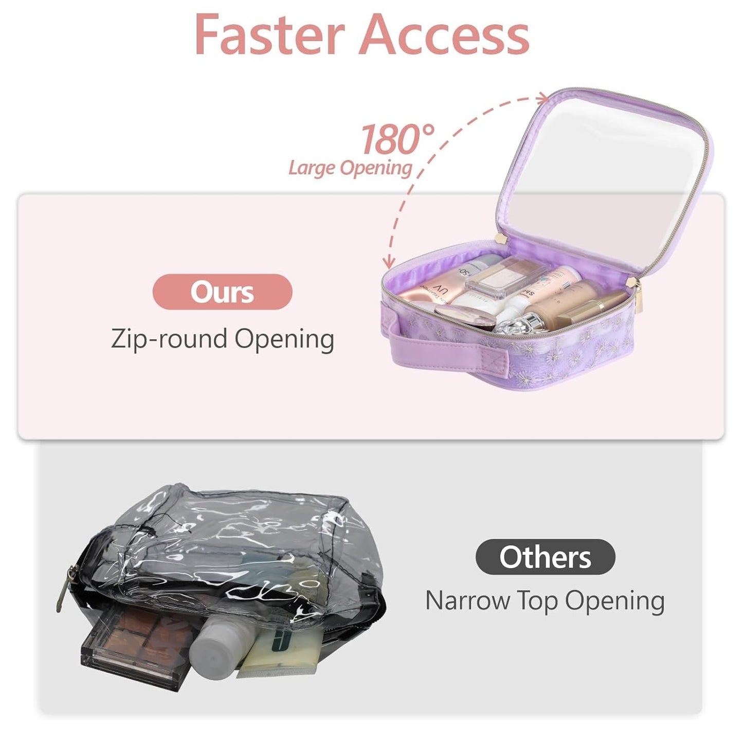 PACKISM Floral Texture TSA Approved Toiletry Bag - 180° Large Opening Clear Makeup Bags with Handle, Easily Access, Clear Travel Bags for Toiletries TSA Approved, Thick 0.5 mm, Purple