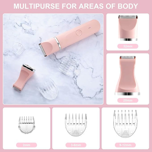 Bikini Trimmer for Women,Electric Razors Shaver for Bikini Legs Pubic Hair,Rechargeable Ladies Bikini Hair Trimmer Removal with Snap-in Ceramic Blades IP7X Washable Head,Wet and Dry Use,Pink