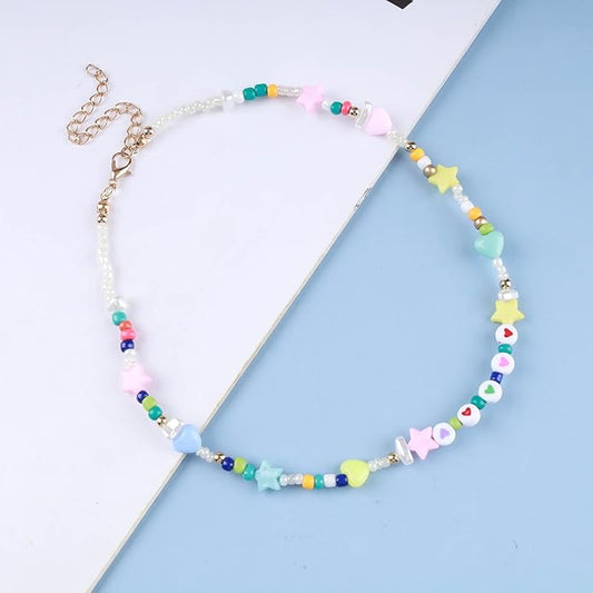 Vintage Seed Bead Choker Necklace Pearl Choker Necklace Colorful Star Heart Necklace Cute Rainbow Necklace Chain Jewelry for Women