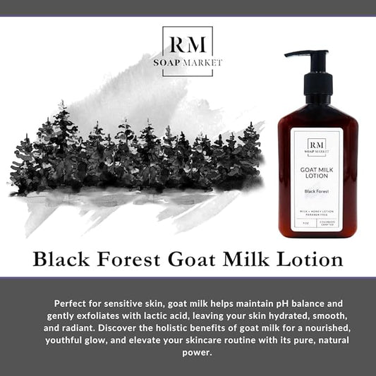 Goat Milk Lotion, Black Forest Fragrance, Hydrating Lotion for Men and Women, Infused With Nourishing Goat Milk, Shea Butter, Sunflower Oil, and Aloe, Soft Amber & Tobacco Scent, 9 Oz