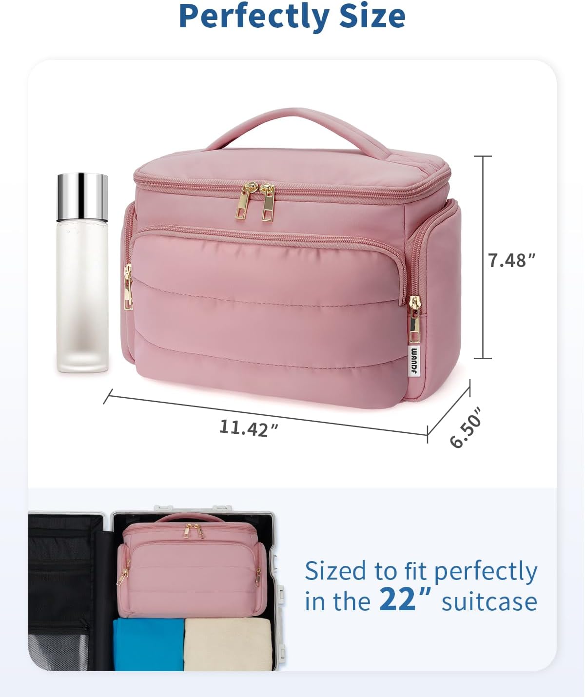 WANDF Travel Toiletry Bag for Women, Wide-open Large Makeup Bag with Handle, Puffy Makeup Organizer for Toiletries, Cosmetics, Accessories, Essentials (Dusty Pink)