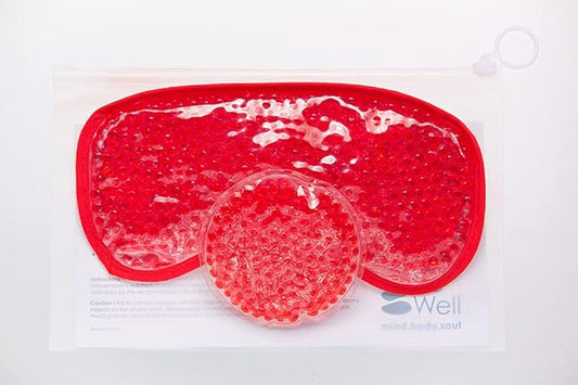 HOT +Cold Aqua Pearls Plush Eye Mask with Soft Plush Backing and Fully Adjustable Strap, Bonus Mini Round pad-2PACKS(Red, Eye Mask+ Mini Round Pad)