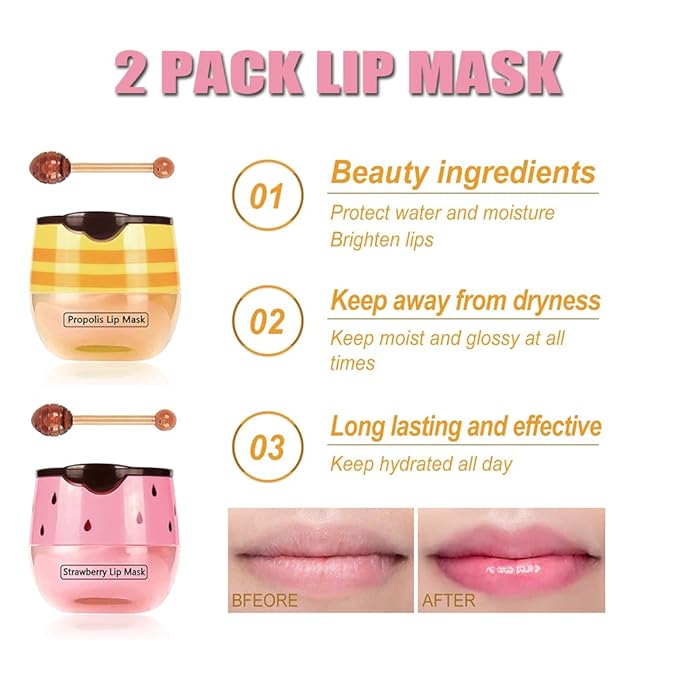 2PCS Bee Lip Balm Honey Pot & Strawberry Vitamin E Lip Sleep Masks Hydrating Prevention Dry and Cracked Lip Scrubs Exfoliator, Reduces Lip Lines,Lip Exfoliating Balm Sleeping Lip Mask