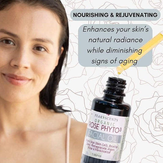 Organic Rose Phyto Facial Oil - Rosehip and Argan Oil Infused with Rose Extract and Frankincense Essential Oil - Ideal for Gua Sha Massage, Anti-Aging Face Oil (1oz)