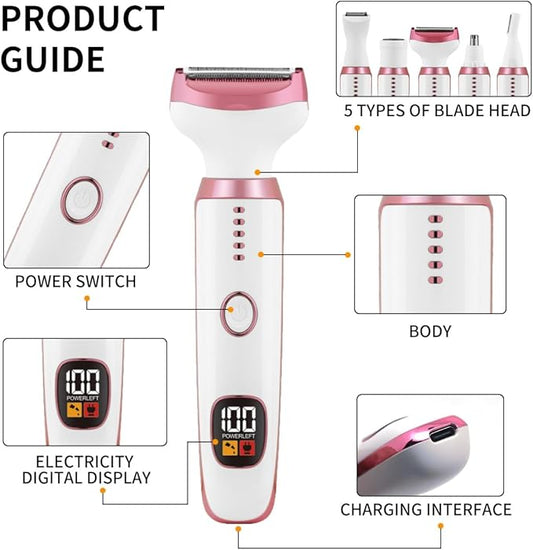 Electric Razors for Women, 5 in 1 Painless Ladies Wet & Dry Body Razors and Facial Hair Remover, Rechargeble Facial and Body Hair Remover for Face Nose Eyebrow Arms Armpit Legs Pubic Area(White)