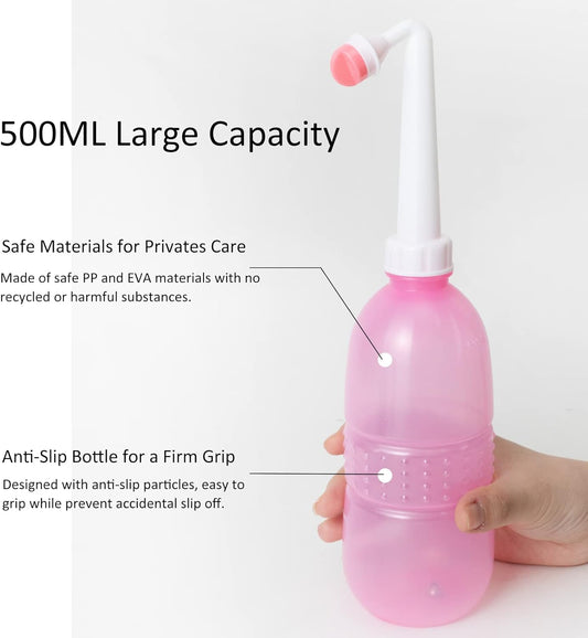 2 Pack Peri Bottle for Postpartum Care, Portable Travel Bidet for Women, 17oz Large Capacity Perineal Bottle for Feminine Hygiene with Travel Bag, Angled Nozzle & Straight Nozzle (Pink + White)