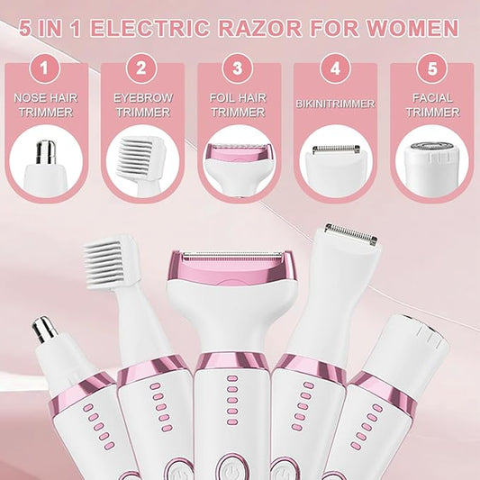 5-in-1 Electric Razor for Women - Bikini Trimmer with LED Display, Painless Hair Removal for Face, Nose, Eyebrows, Arms & Legs - Wet/Dry Rechargeable Shaver for Armpits & Pubic Area