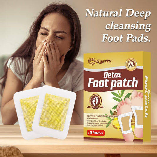 tigerty Foot Patches (10 Pieces), deep Cleansing Foot Patch, Natural Bamboo Vinegar Ginger Powder Foot Care sitckers, Adhesive Patches, Relaxation, Stress Relief, Better Sleep, 10 Pieces (1 Pack)