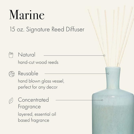 LAFCO New York Signature Reed Diffuser, Marine - 15 oz - Up to 9 Months Fragrance Life - Reusable, Hand Blown Glass Vessel - Natural Wood Reeds - Made in The USA