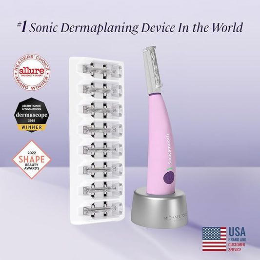 Michael Todd Beauty Sonicsmooth Dermaplane Razor for Women Face + Eyebrow trimmer Dermaplaning System - Peach Fuzz Remover - 8 Weeks of Dermaplaning Blades