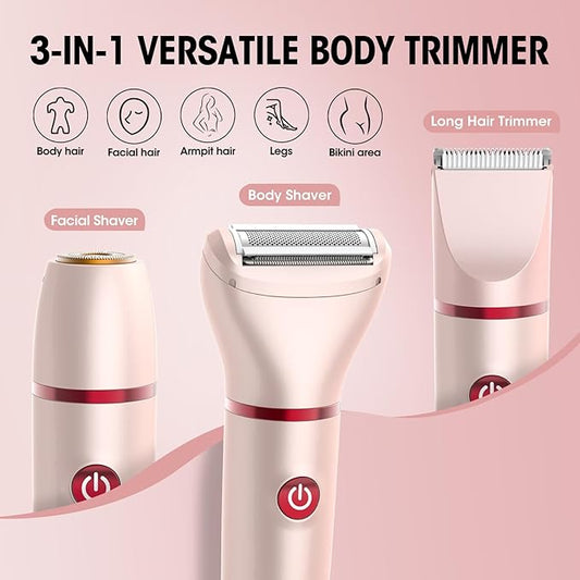 Bikini Trimmer for Women- 3 in 1 Painless Electric Razors for Women,Waterproof Pubic Hair Trimmer and Facial Hair Remover,LCD Display Body Shaver for Trip,Rechargeable Women's Grooming Kit