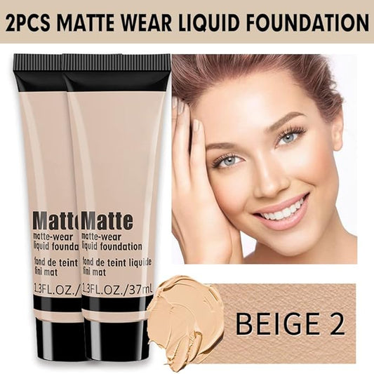 2 Pack Liquid Foundation Cream for Face Makeup,Durable Full Coverage Matte Concealer Make Up,Oil Control & Waterproof Base Primer -1+1 Fl.Oz-BEIGE 2#