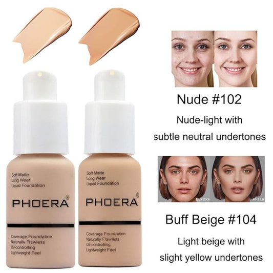 2 Pcs Phoera Foundation Makeup 102 and 104 Liquid Full Coverage 24HR Matte Oil Control Foundation Makeup Concealer (Nude & Buff Beige) with Kabuki Foundation Brush Flat Top