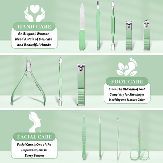 Manicure Pedicure Set, Nail Clipper Set for Men Women, Professional Manicure Kit Pedicure Kit, Nail Care Kit with Green Travel Leather Bag, Set 12 in 1