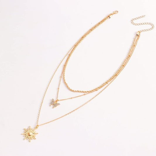 Bohemia Layered Sun Necklace Choker Crystal Butterfly Pendant Necklace Gold Rope Chain Necklace Vintage Sunflower Necklace Jewelry for Women and Girls