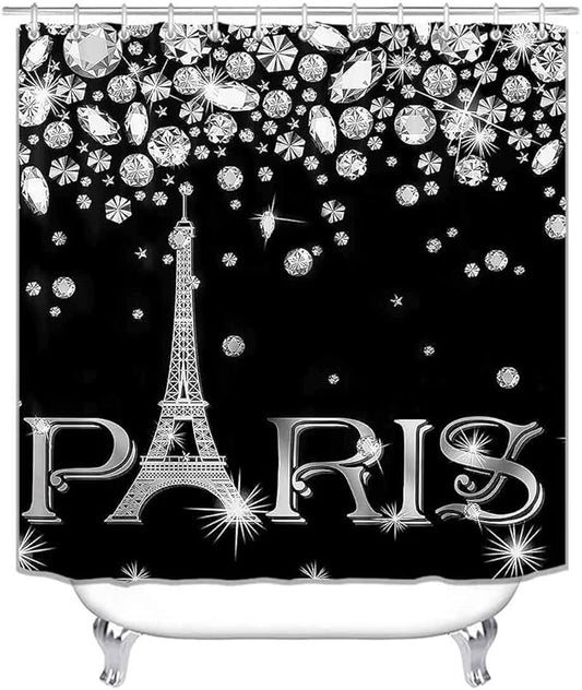 4PCS Eiffel Tower Shower Curtain Set, Luxury Jewelry Rhinestone Bling Diamond Paris Bathroom Decor, Waterproof Fabric Black Shower Curtain, Non-slip Bath Mat Toilet Lid Cover Bathroom Rugs