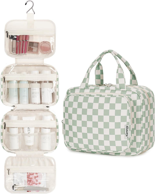 Narwey Hanging Toiletry Bag for Women Travel Checkered Makeup Bag Organizer Toiletries Bag for Travel Size Essentials Accessories Cosmetics (Mint Green Checkerboard (Medium))