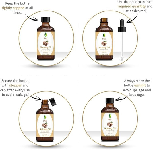 SVA Nutmeg Essential Oil – 4 Fl Oz – 100% Natural Nutmeg Oil - for Diffuser, Hair Care, Face, Skin Care, Aromatherapy, Scalp and Body Massage, Soap and Candle Making – with Dropper