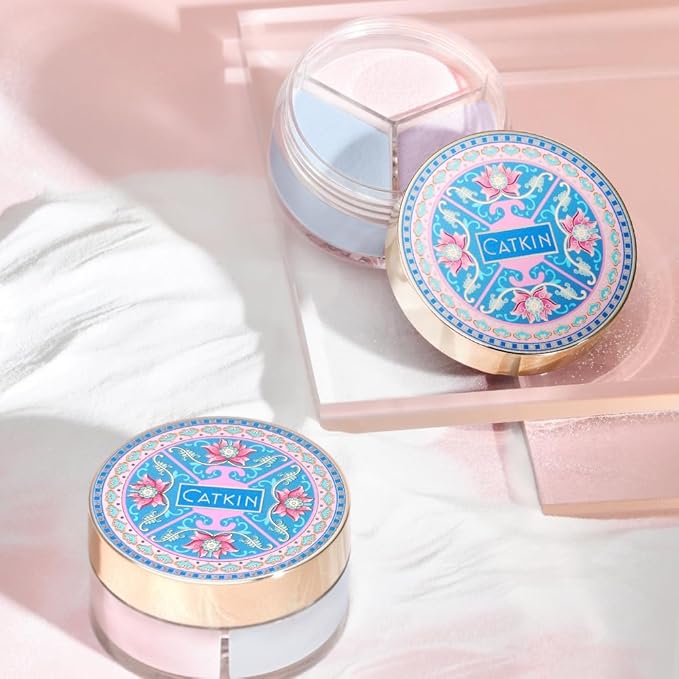 CATKIN Poreless Finish Loose Setting Powder Makeup, Translucent Natural Shimmer Finishing Makeup for All Skin Tones, 3 Colors Even Skin Tone – 0.42 oz Includes Velour Puff