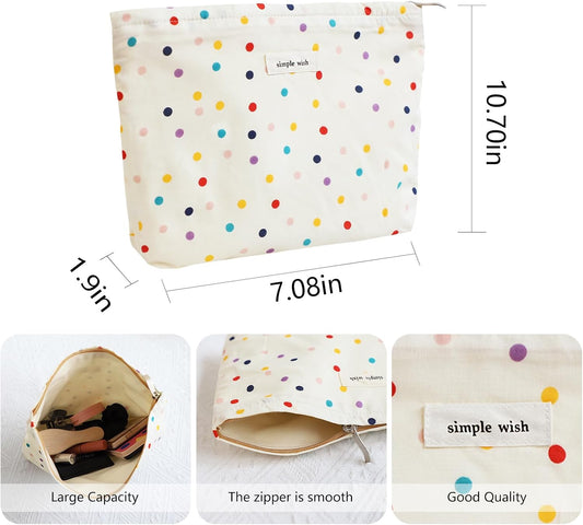 Wudygirl Large Capacity Makeup Bag Travel Cosmetic Bag Cute Make up Organizer for Women Aesthetic Canvas Makeup Pouch Toiletry Bag Zipper Pencil Pouch (Colorful Dot)