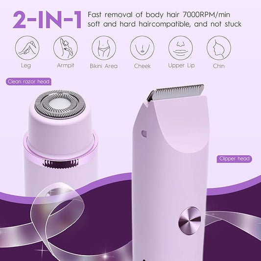 2025 Upgraded Dermave Bikini Shaver - 2 in 1 Bikini Trimmer for Women with LCD Display, Dual Head Cordless Electric Shaver, IPX7 Waterproof Wet/Dry Body Hair Trimmer for Face,Purple