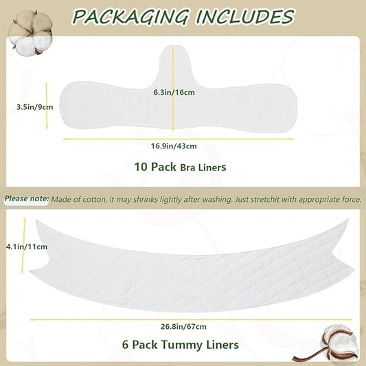 16 Pack Cotton Tummy Liners and Bra Liners Set for Sweat Rash Skin Folds Plus Size Women Sweating Supplies