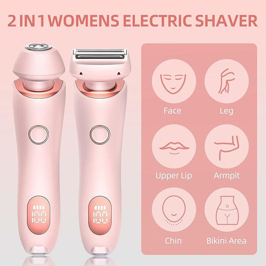 Womens Electric Shaver, 2 in 1 Razor for Women, Wet & Dry Electric Waterproof Razor with LED Display, Cordless Bikini Trimmer for Sensitive Skin, Painless Hair Removal